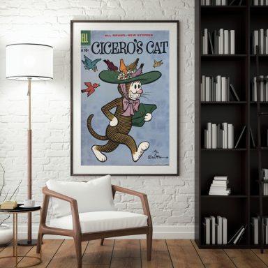 Vintage cartoon poster featuring a cat in a hat running with colorful birds.