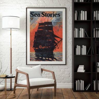 Framed artwork titled "Sea Stories" featuring a silhouette of a ship against a colorful background.