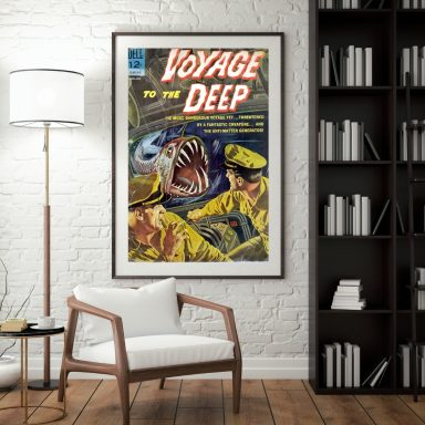 Vintage poster for "Voyage to the Deep" featuring a shark and explorers.