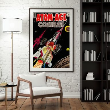 Retro poster of a rocket in space against a colorful cosmic backdrop.