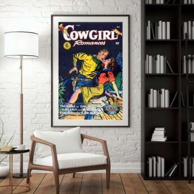 Vintage poster featuring a cowgirl in action, with bold colors and dramatic imagery.