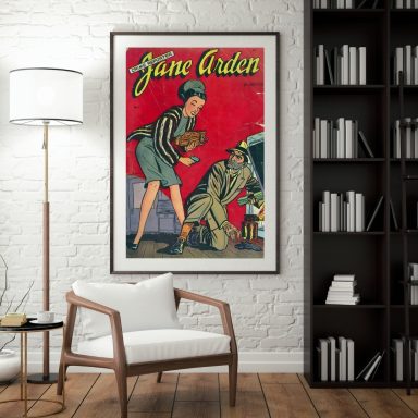 Vintage poster featuring a woman interacting with a man in a stylized room setting.