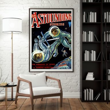 Vintage science fiction magazine cover featuring astronauts in space suits and a colorful background.
