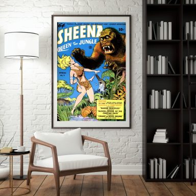 Vintage-style poster featuring a blonde woman and a giant gorilla in a jungle setting.