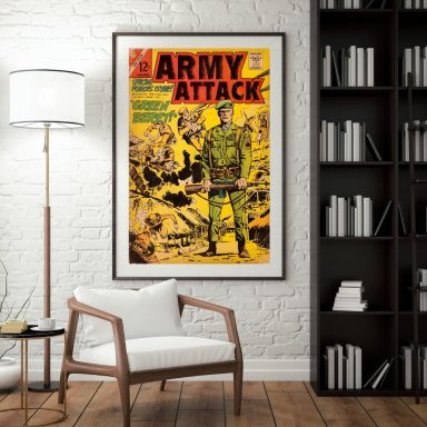 A vintage comic book cover featuring a soldier amidst explosions in a dynamic scene.