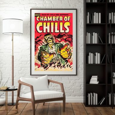 Vintage horror poster featuring a monster titled "Chamber of Chills" on a red background.