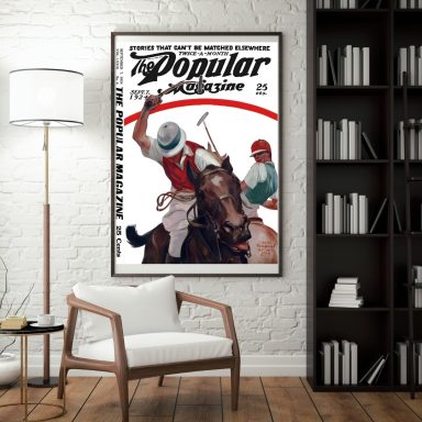 A vintage poster of horse racing featuring a jockey on a horse with a red background.