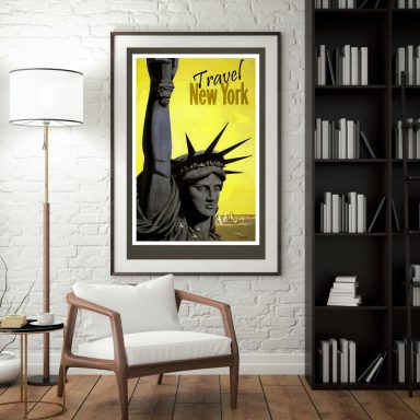 Vintage travel poster featuring the Statue of Liberty against a yellow background.