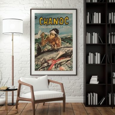 Vintage-style poster featuring a fisherman with a large fish against a textured background.